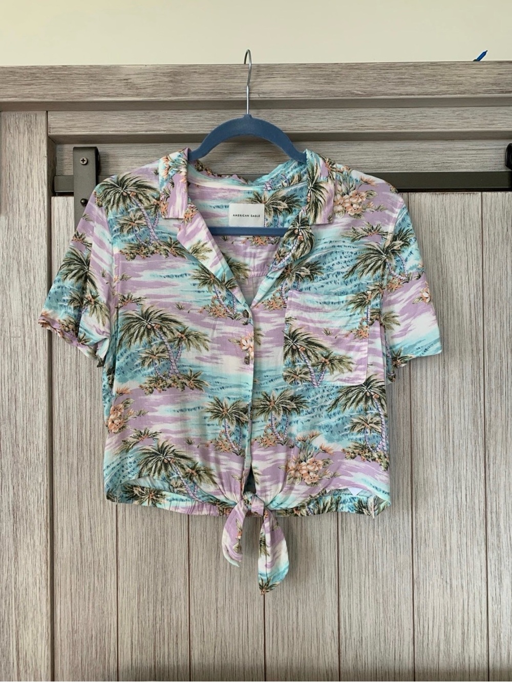 American Eagle Outfitters Lavender & Aqua Palm Tie-Front Shirt